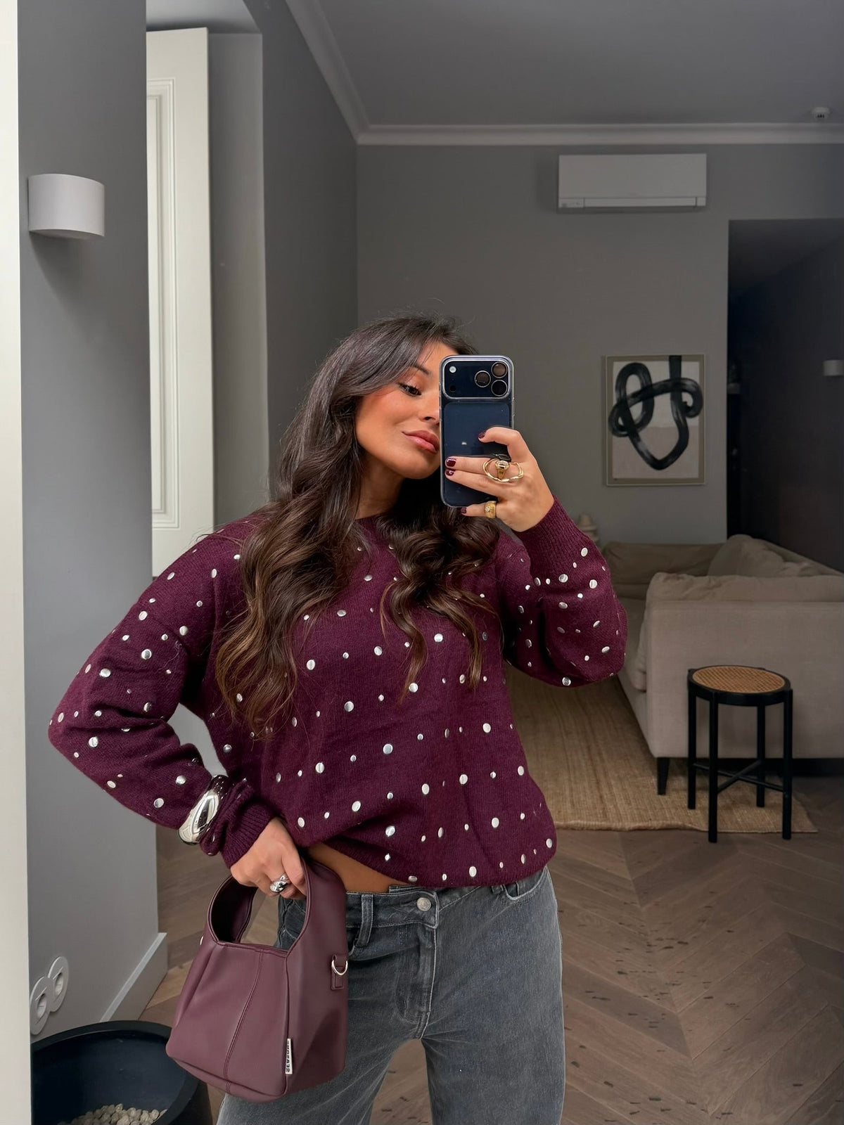 Camisola Sabrina com tachas em bordeaux