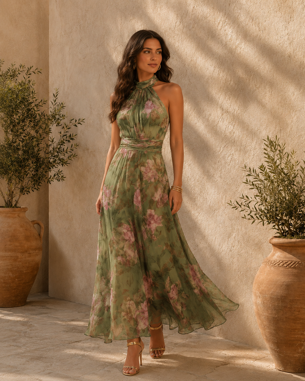 Lívia | Vestido Maxi com Decote Halter e Estampado Floral