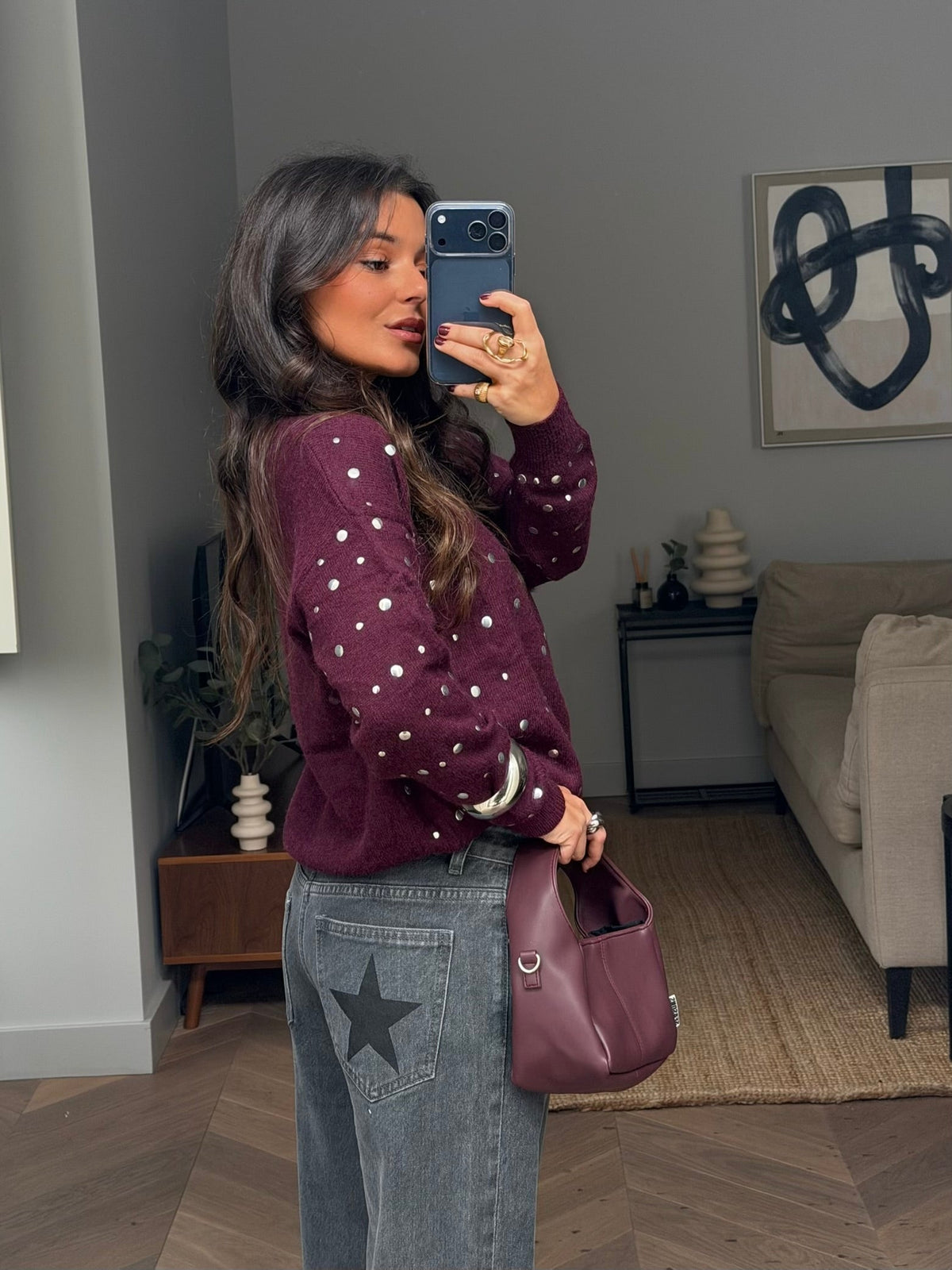 Camisola Sabrina com tachas em bordeaux